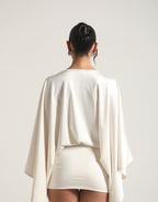 Deep V Neck Cape Sleeve Ruched Skirt Bodycon Mini Dress