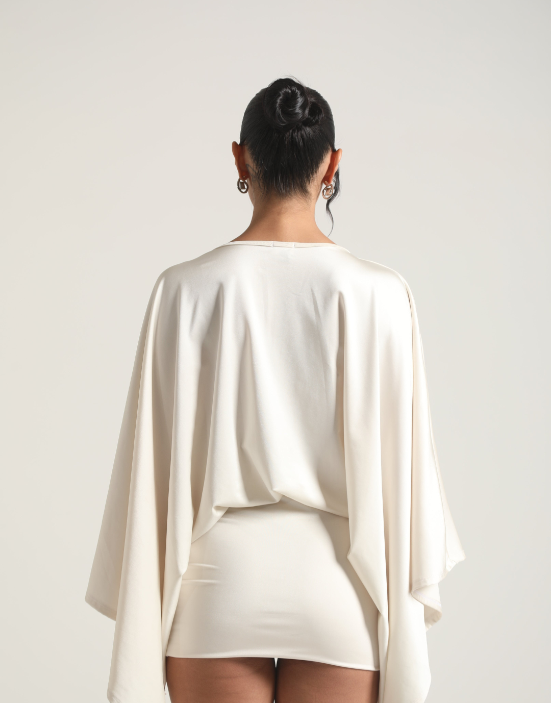 Deep V Neck Cape Sleeve Ruched Skirt Bodycon Mini Dress
