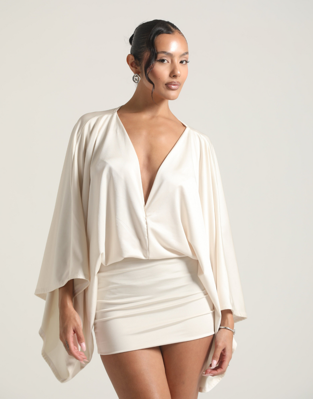 Deep V Neck Cape Sleeve Ruched Skirt Bodycon Mini Dress