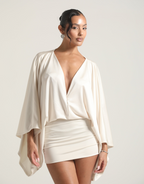 Deep V Neck Cape Sleeve Ruched Skirt Bodycon Mini Dress