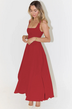Square Neck Princess Seam Pointed Drop Waist Fit and Flare Midi Dress