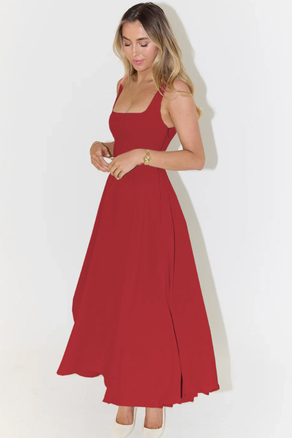 Square Neck Princess Seam Pointed Drop Waist Fit and Flare Midi Dress