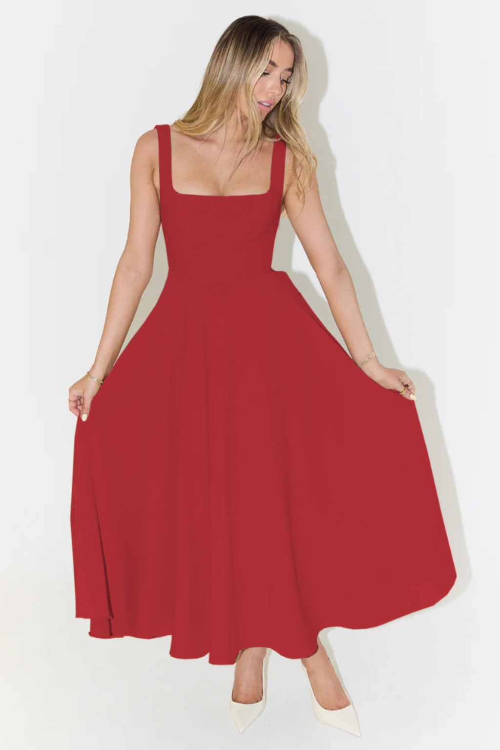 Square Neck Princess Seam Pointed Drop Waist Fit and Flare Midi Dress