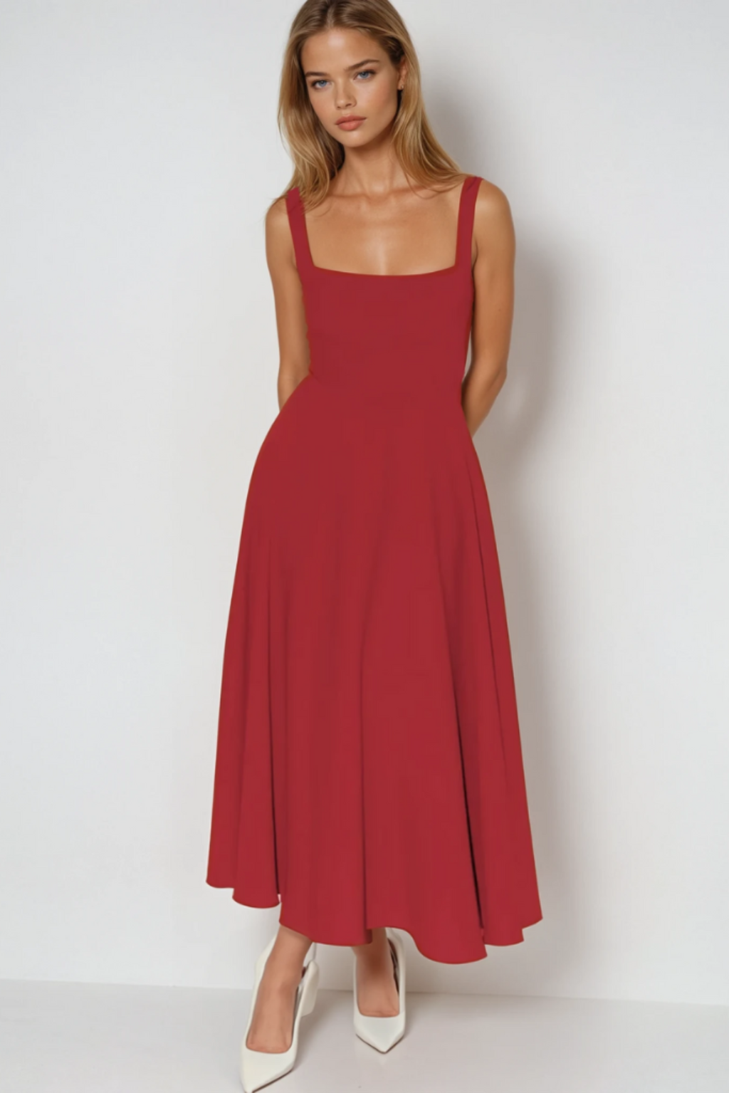 Square Neck Princess Seam Pointed Drop Waist Fit and Flare Midi Dress