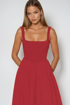 Square Neck Princess Seam Pointed Drop Waist Fit and Flare Midi Dress
