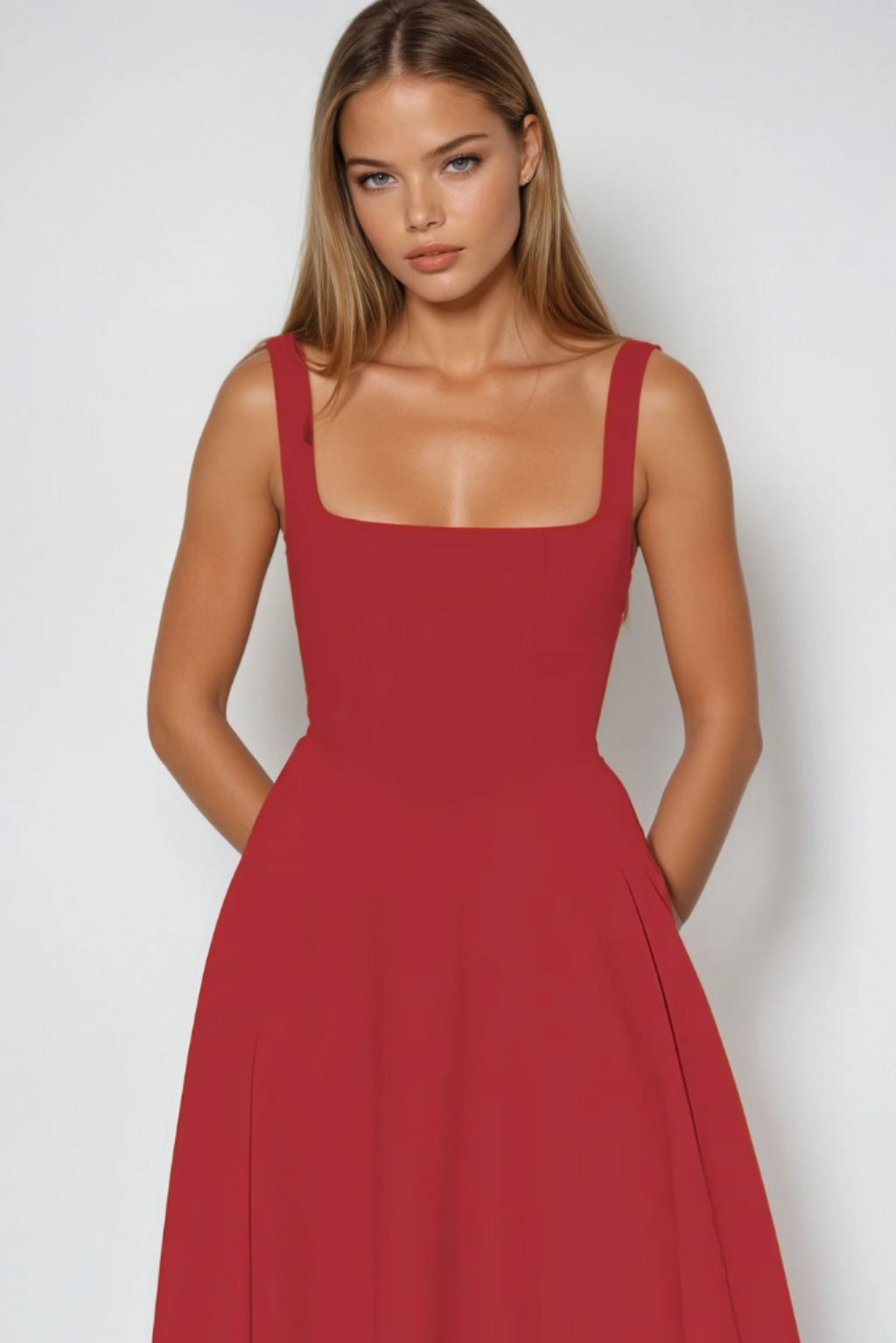 Square Neck Princess Seam Pointed Drop Waist Fit and Flare Midi Dress
