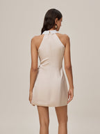 Satin Contrast Collar Lace Jabot Halter Sleeveless Mini Dress