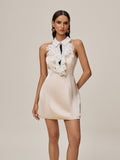 Satin Contrast Collar Lace Jabot Halter Sleeveless Mini Dress