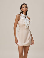 Satin Contrast Collar Lace Jabot Halter Sleeveless Mini Dress