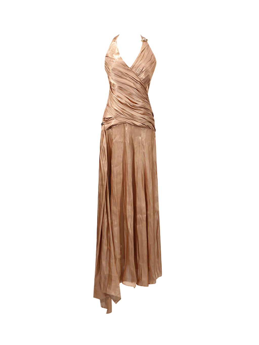 Halter Neck Deep V-Neck Ruched Pleated Metallic Maxi Gown