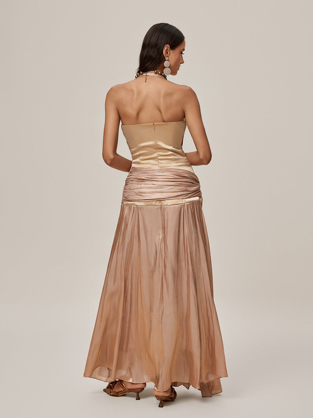 Halter Neck Deep V-Neck Ruched Pleated Metallic Maxi Gown