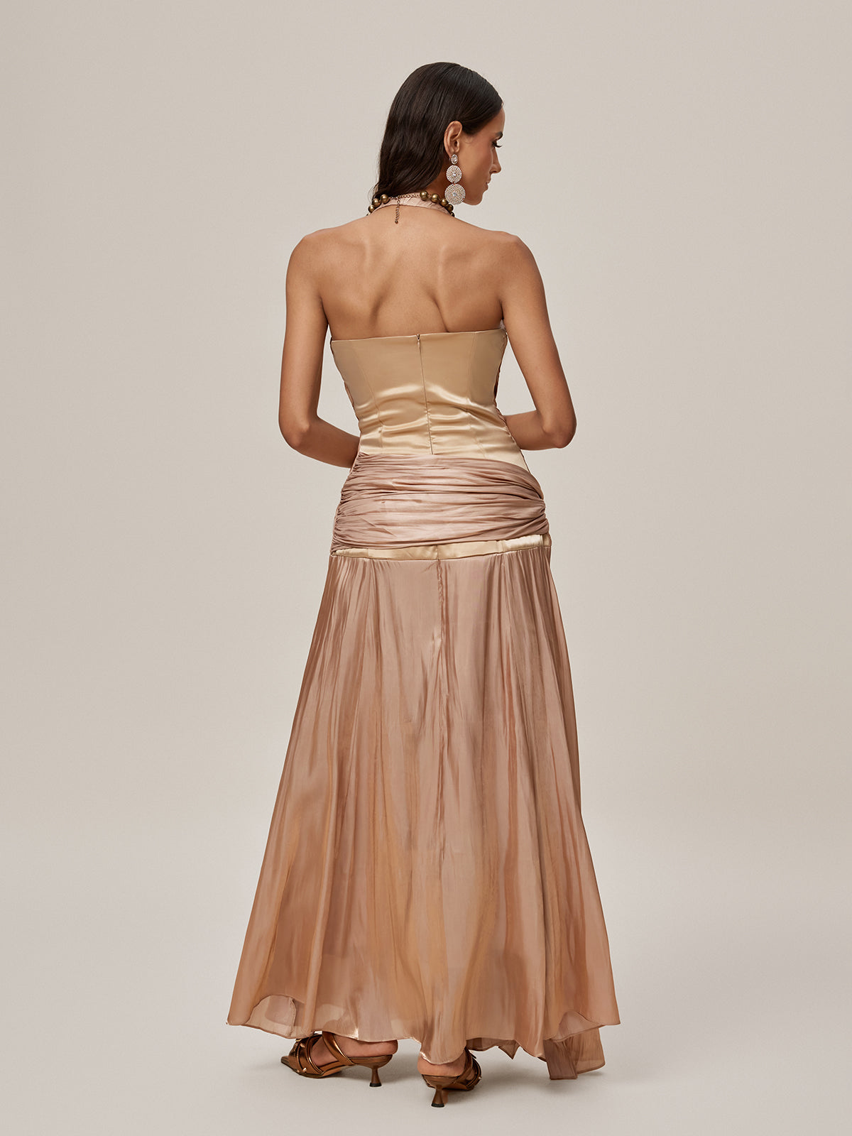 Halter Neck Deep V-Neck Ruched Pleated Metallic Maxi Gown