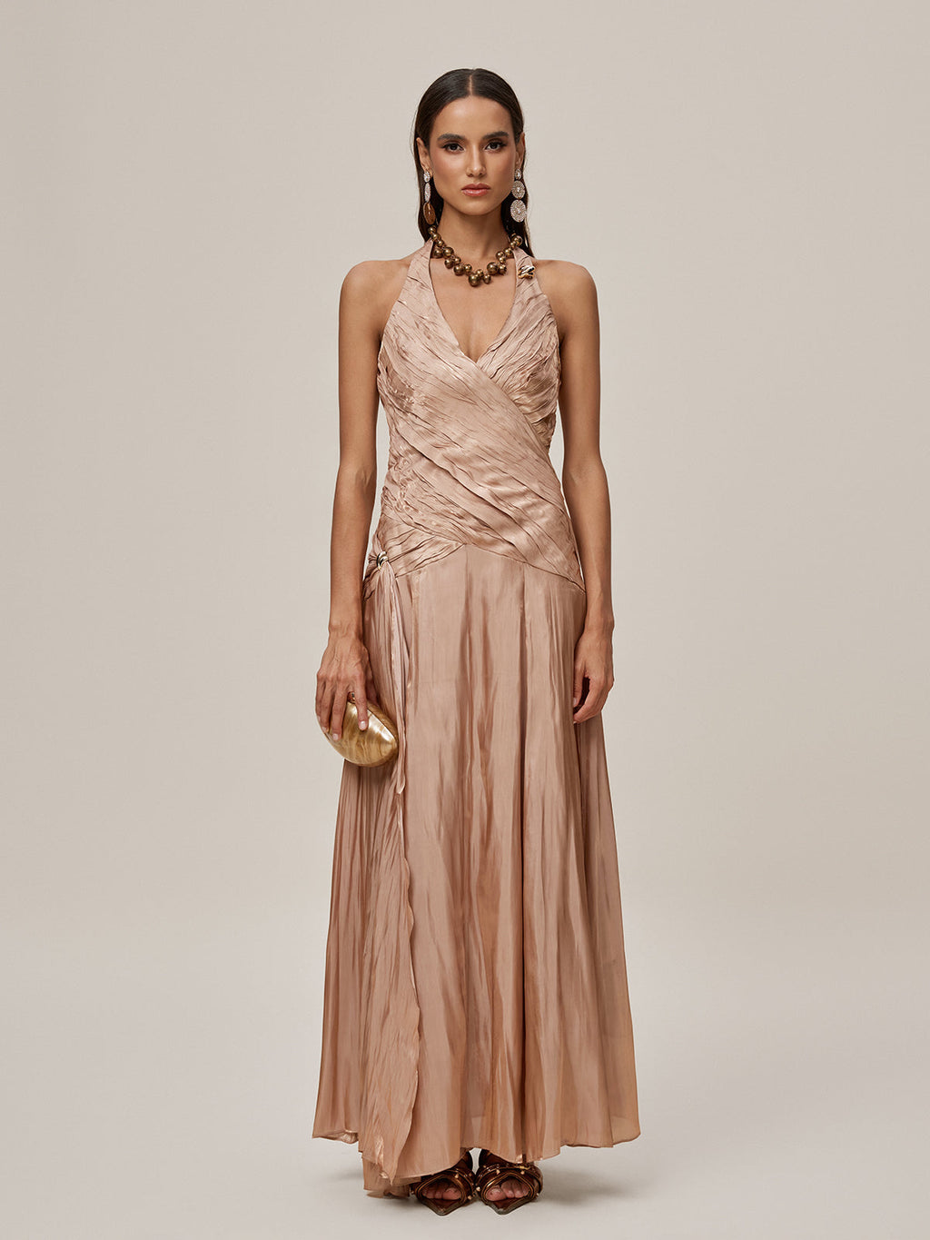 Halter Neck Deep V-Neck Ruched Pleated Metallic Maxi Gown