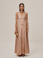 Halter Neck Deep V-Neck Ruched Pleated Metallic Maxi Gown
