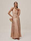 Halter Neck Deep V-Neck Ruched Pleated Metallic Maxi Gown