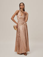 Halter Neck Deep V-Neck Ruched Pleated Metallic Maxi Gown