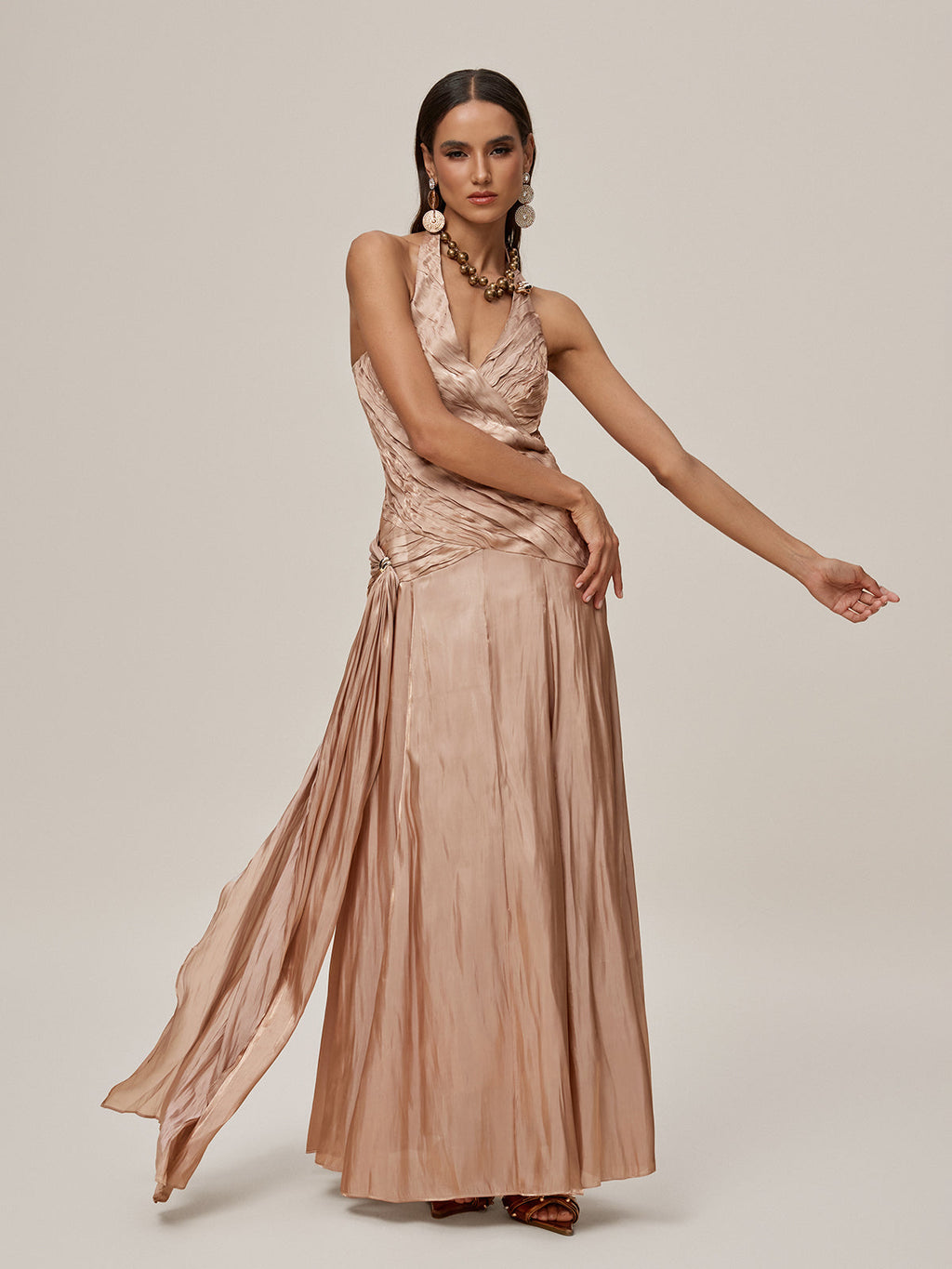 Halter Neck Deep V-Neck Ruched Pleated Metallic Maxi Gown