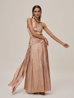 Halter Neck Deep V-Neck Ruched Pleated Metallic Maxi Gown