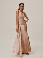 Halter Neck Deep V-Neck Ruched Pleated Metallic Maxi Gown