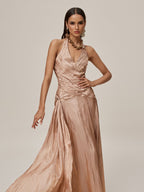 Halter Neck Deep V-Neck Ruched Pleated Metallic Maxi Gown