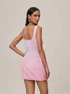 Square Neck Ruched Bust Bubble Hem Mini Dress