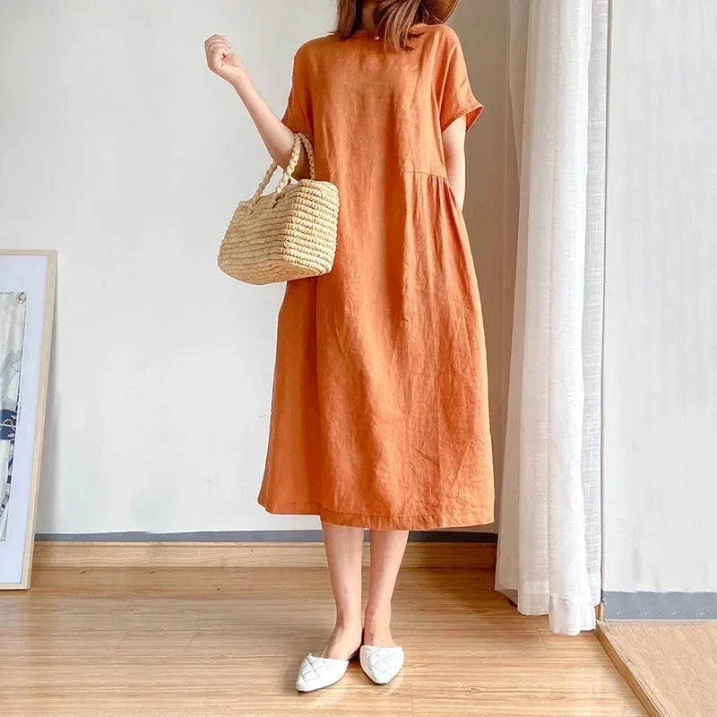 Short Sleeve Crew Neck Gathered Waist Linen Blend Midi Dress