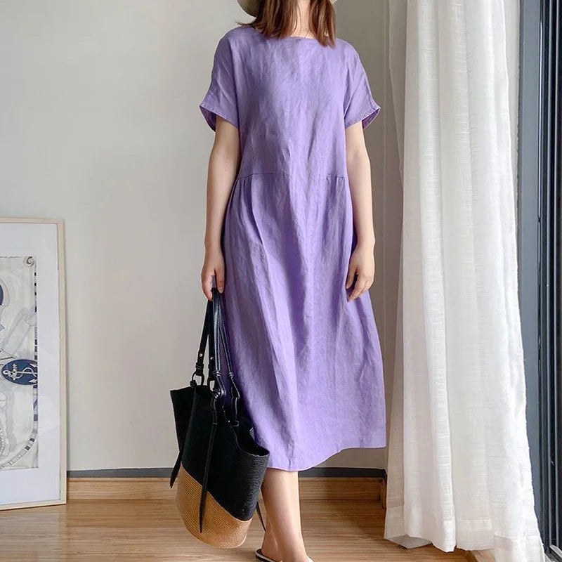 Short Sleeve Crew Neck Gathered Waist Linen Blend Midi Dress