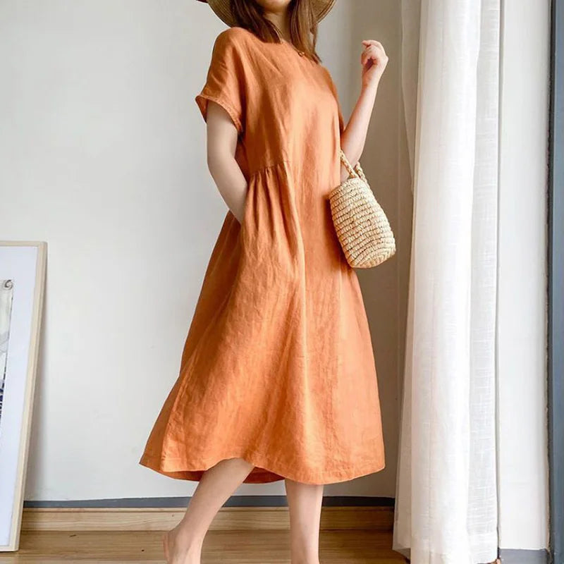 Short Sleeve Crew Neck Gathered Waist Linen Blend Midi Dress