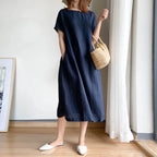 Short Sleeve Crew Neck Gathered Waist Linen Blend Midi Dress