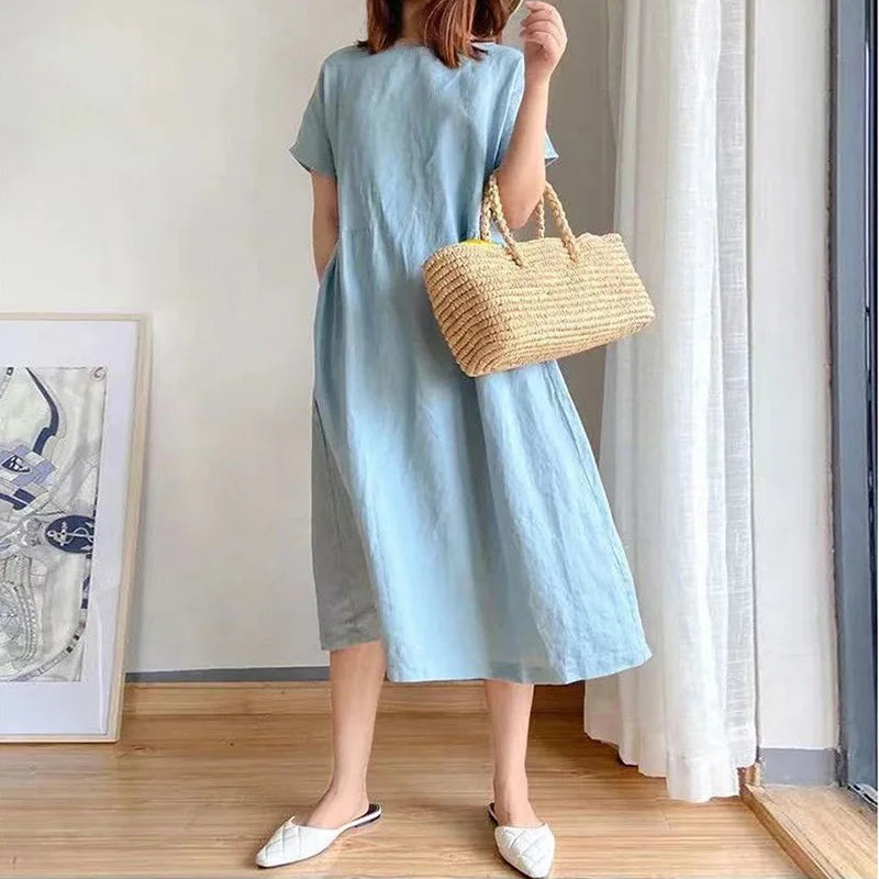 Short Sleeve Crew Neck Gathered Waist Linen Blend Midi Dress