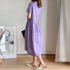 Short Sleeve Crew Neck Gathered Waist Linen Blend Midi Dress