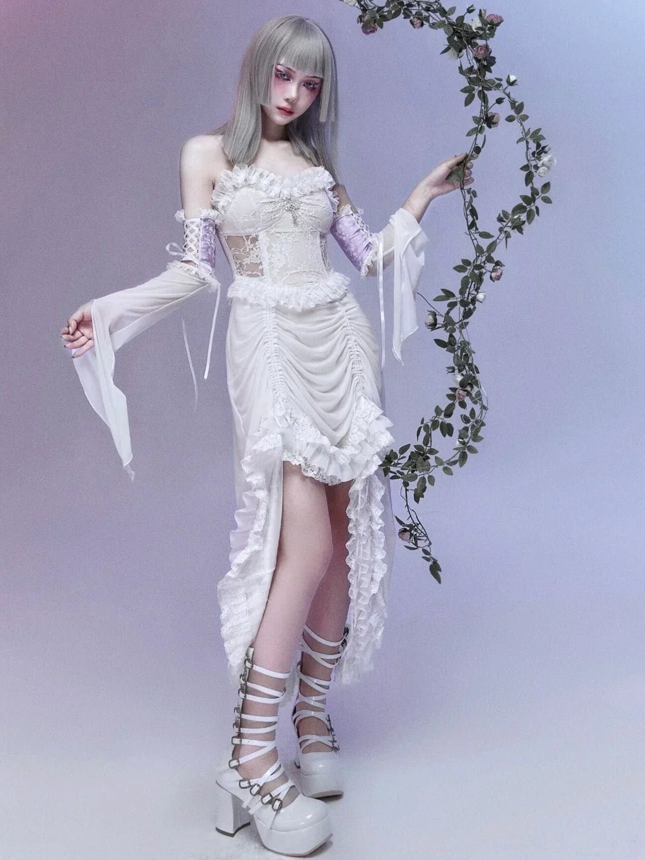 Lace Tiered Ruffle High-Low Cross Pendant Gothic Mini Dress