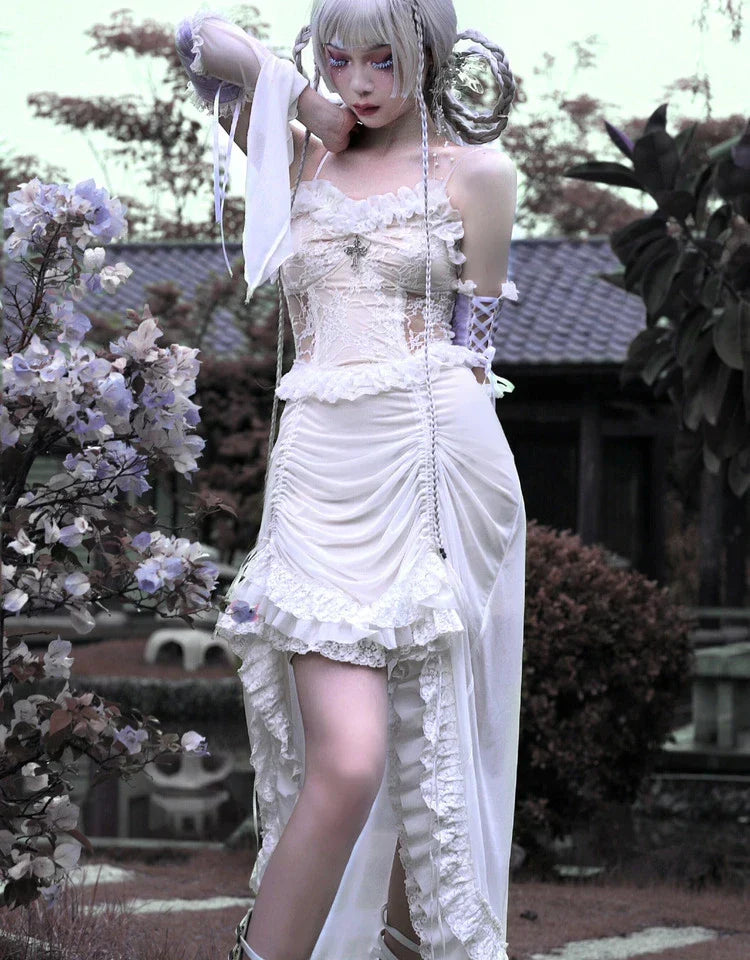 Lace Tiered Ruffle High-Low Cross Pendant Gothic Mini Dress