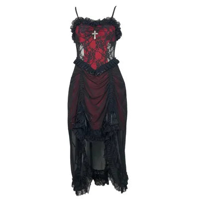 Lace Tiered Ruffle High-Low Cross Pendant Gothic Mini Dress