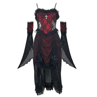 Lace Tiered Ruffle High-Low Cross Pendant Gothic Mini Dress
