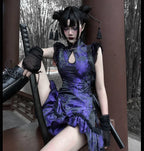 Brocade Stand Collar Lace Up Side Strap Sleeveless Qipao Mini Dress