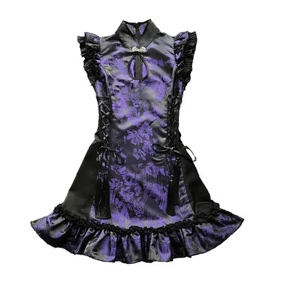 Brocade Stand Collar Lace Up Side Strap Sleeveless Qipao Mini Dress