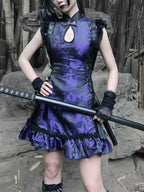 Brocade Stand Collar Lace Up Side Strap Sleeveless Qipao Mini Dress