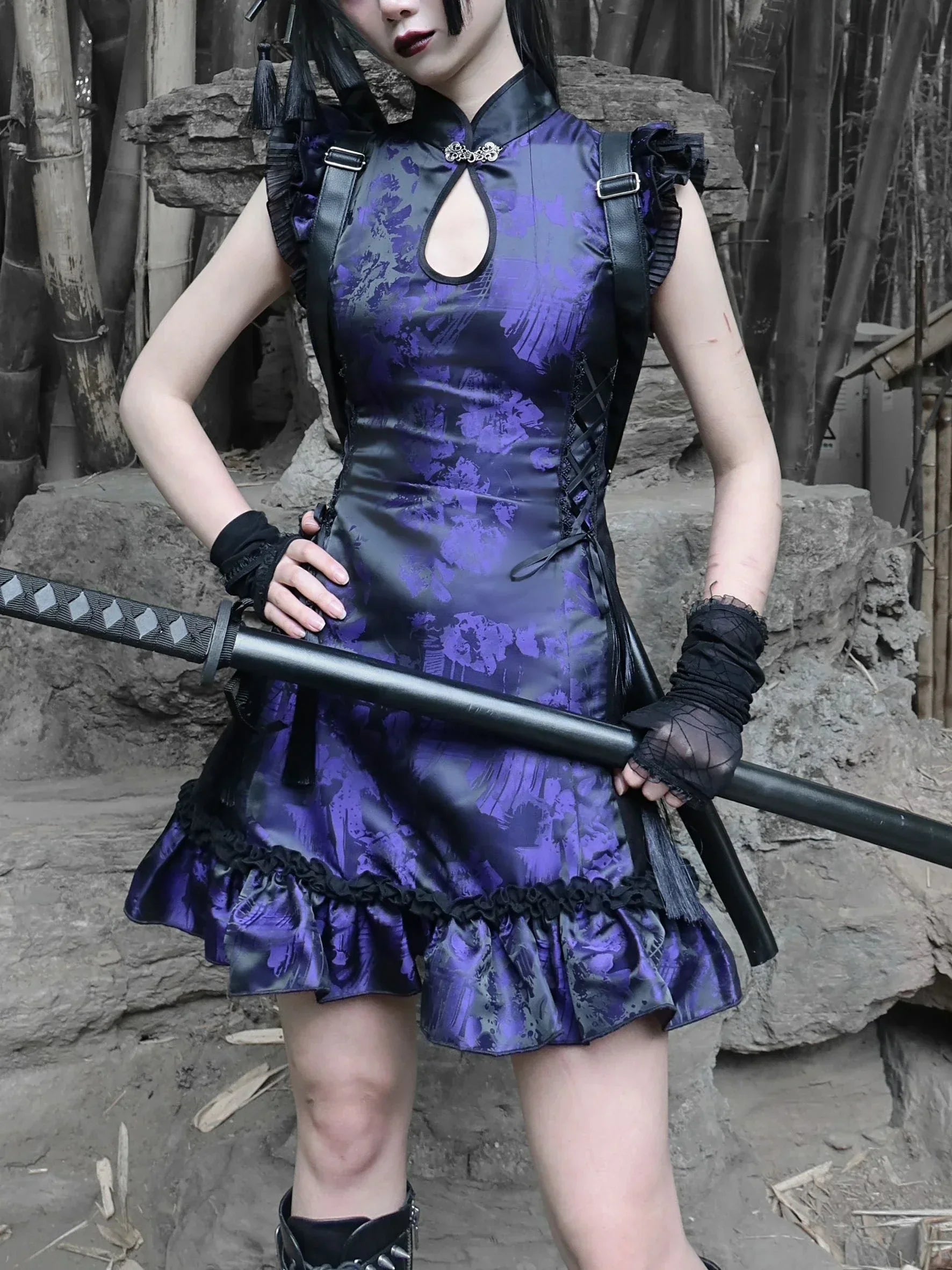 Brocade Stand Collar Lace Up Side Strap Sleeveless Qipao Mini Dress