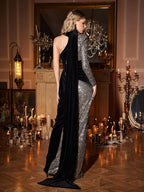One Shoulder Sequin Velvet Asymmetric Cutout High Split Maxi Dress