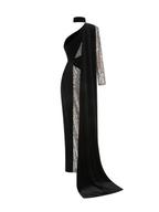 One Shoulder Sequin Velvet Asymmetric Cutout High Split Maxi Dress