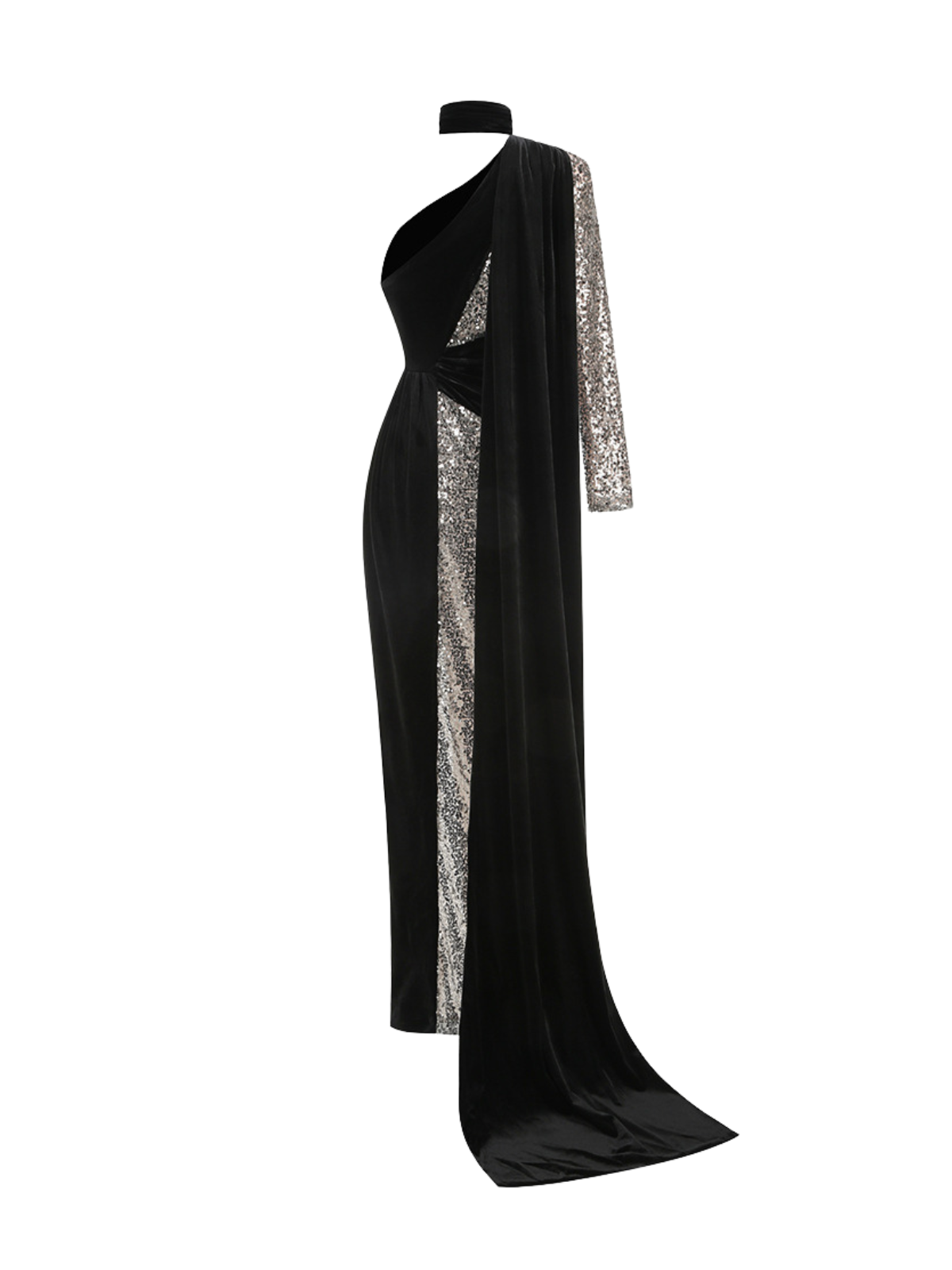One Shoulder Sequin Velvet Asymmetric Cutout High Split Maxi Dress