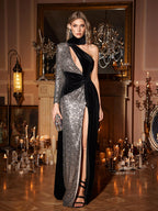 One Shoulder Sequin Velvet Asymmetric Cutout High Split Maxi Dress