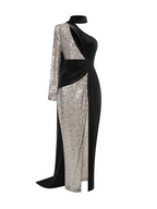 One Shoulder Sequin Velvet Asymmetric Cutout High Split Maxi Dress