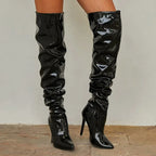 Women Fashion Pointed Toe Black Side Zipper Thin Heels Shiny Pleated Knee High Boots