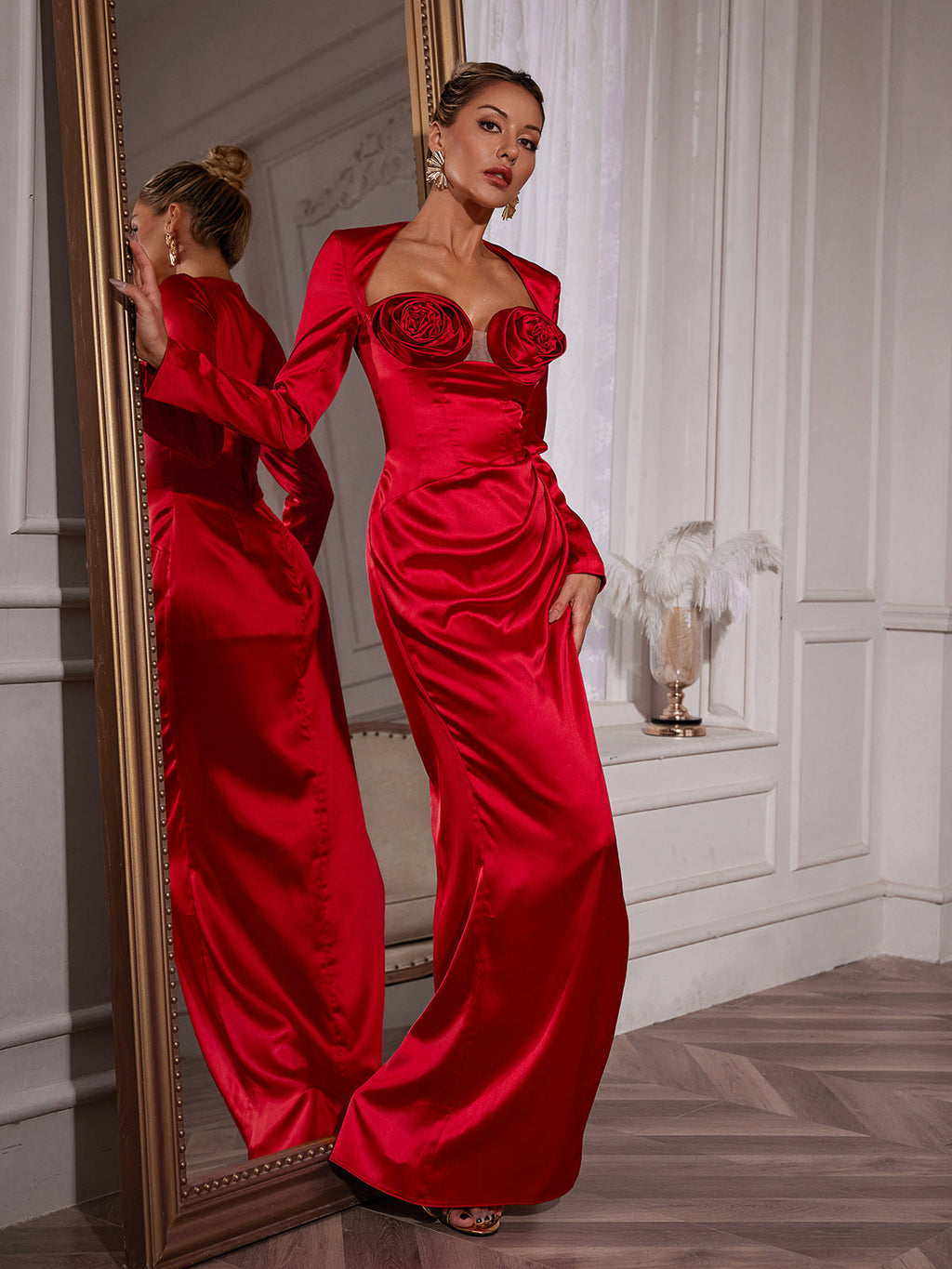 Satin 3D Rosette Bustier Mesh Insert Long Sleeve High Split Maxi Dress