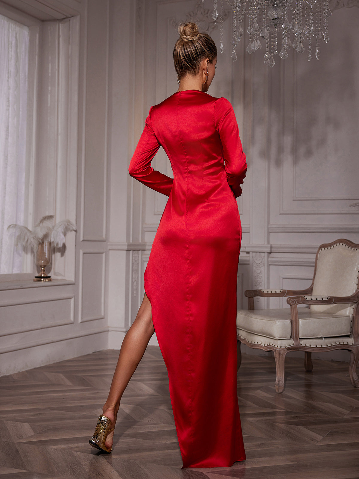 Satin 3D Rosette Bustier Mesh Insert Long Sleeve High Split Maxi Dress