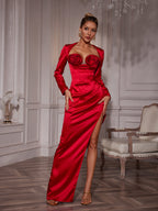 Satin 3D Rosette Bustier Mesh Insert Long Sleeve High Split Maxi Dress
