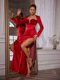 Satin 3D Rosette Bustier Mesh Insert Long Sleeve High Split Maxi Dress