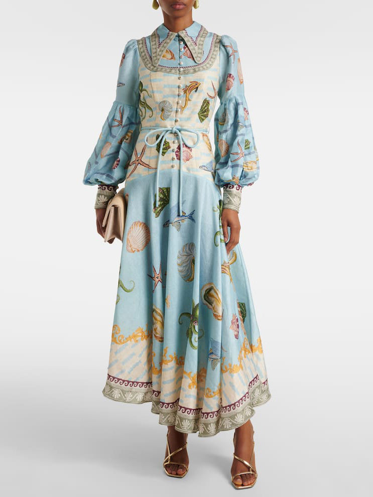 Puff Sleeve Button Front Nautical Seashell Print Belted A-Line Midi Dress